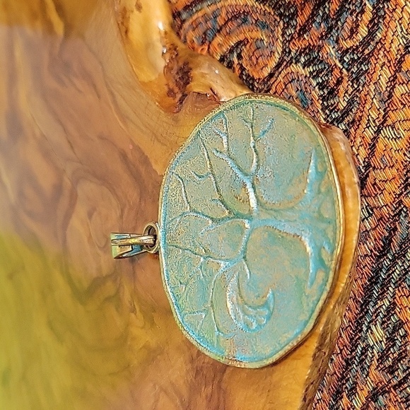 Pale Golden & Teal Colored Tree Of Life And Moon  Bigger Pendant - Picture 2 of 7